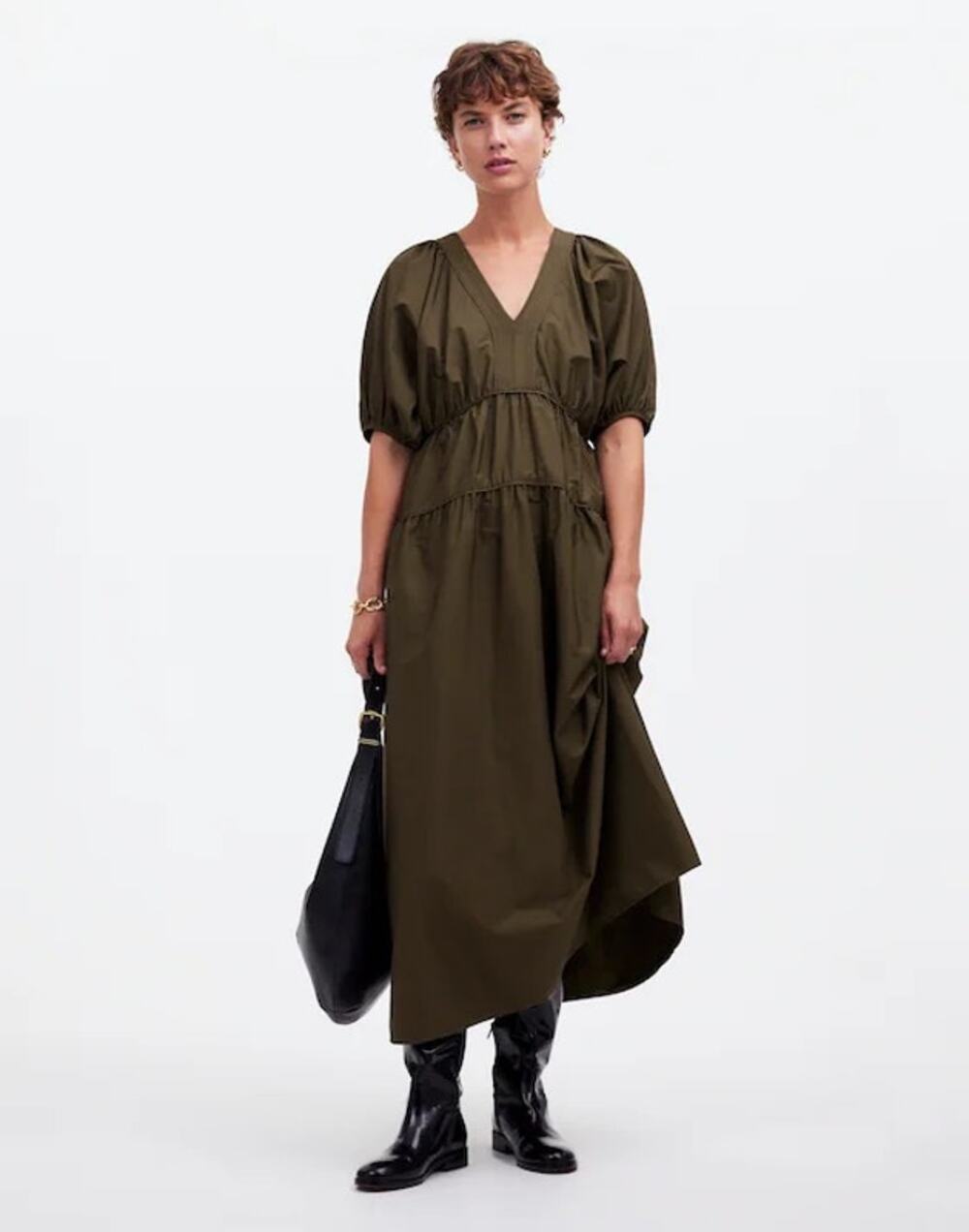 Madewell Puff-Sleeve Midi Dress in Poplin Faded Ivy Size Large